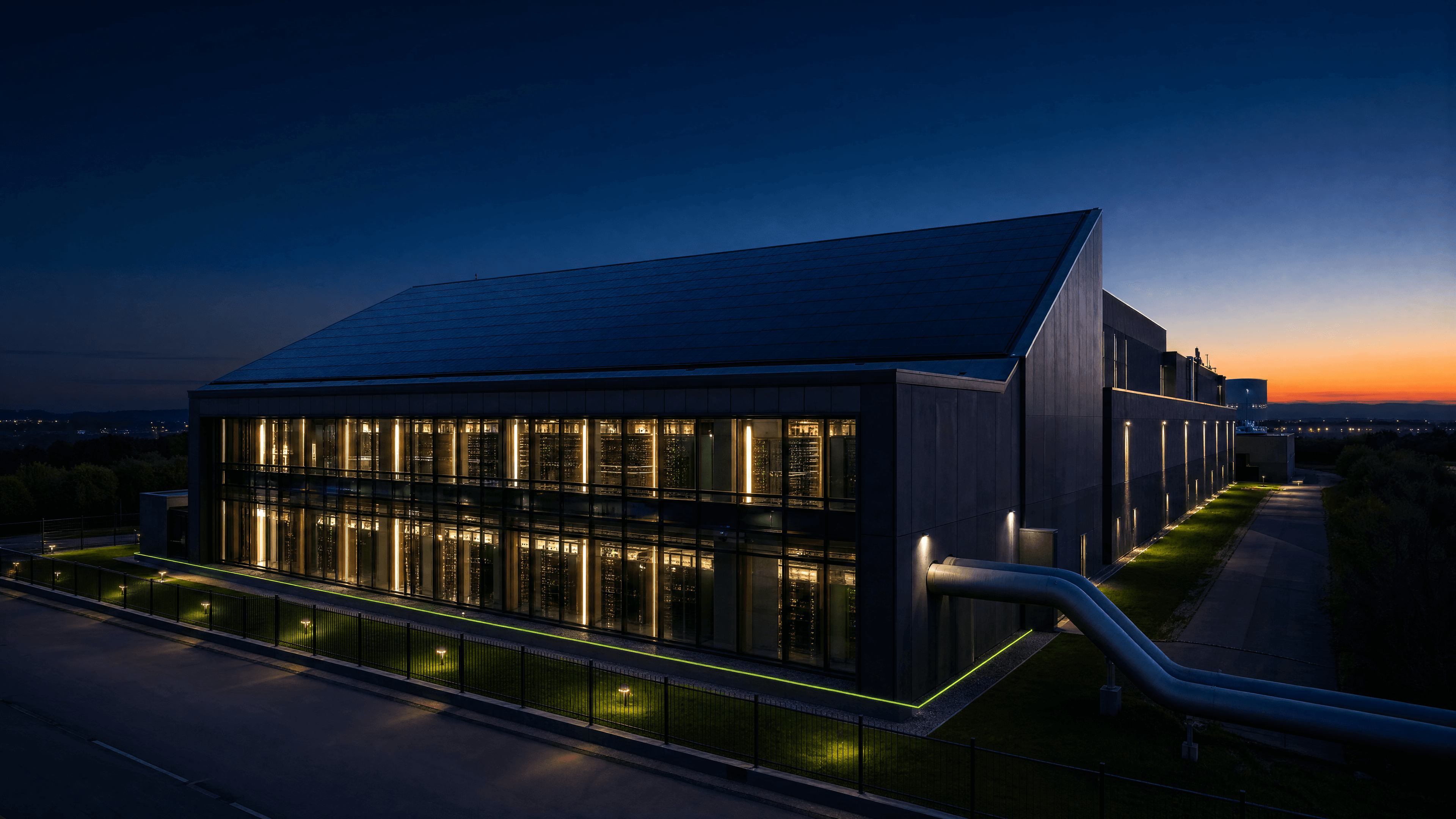 Modernes Rechenzentrum mit Solar-Dach im Blue Hour