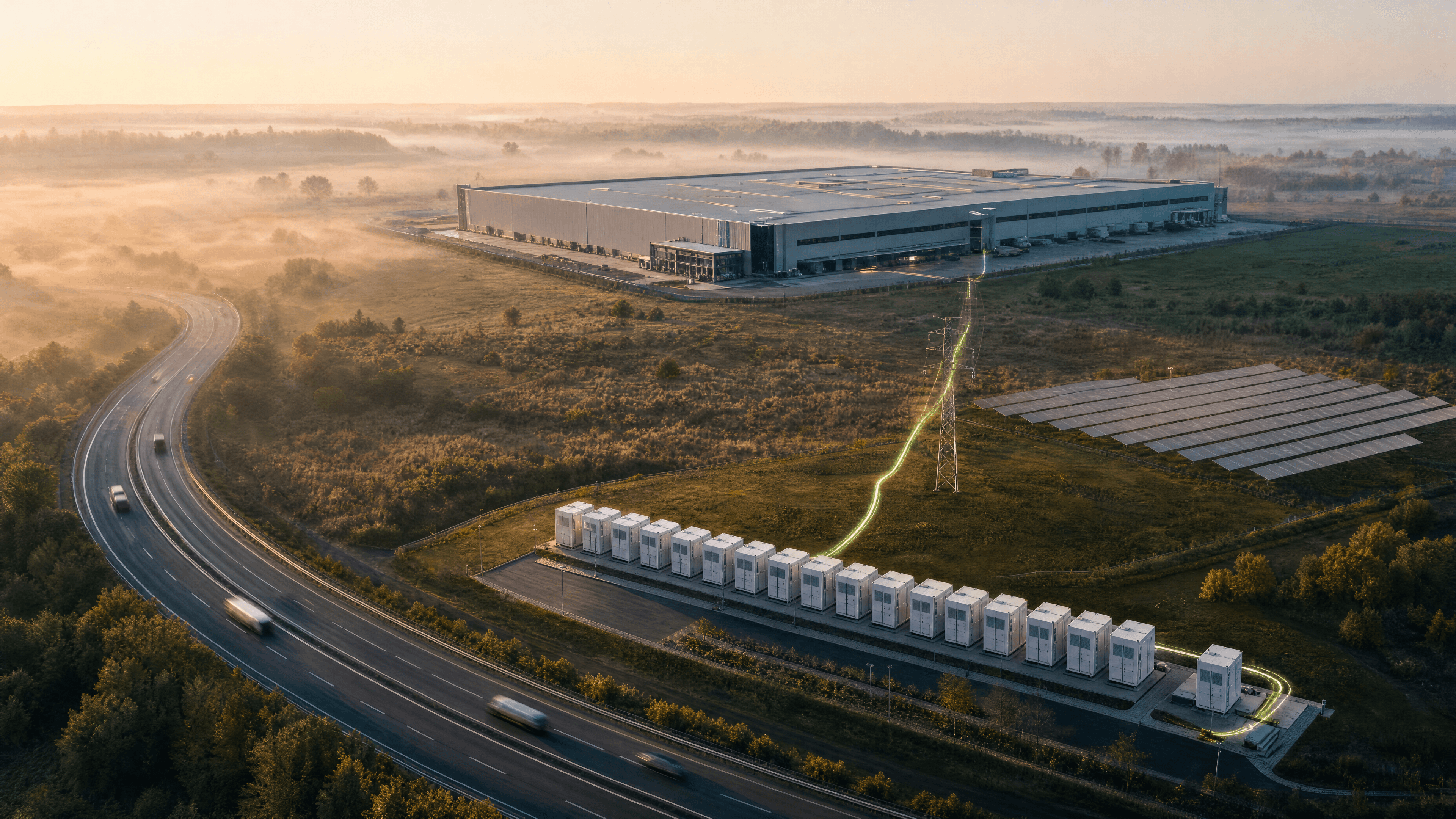Industriestandort an der A2 mit BESS und Direct-Wire im Morgenlicht