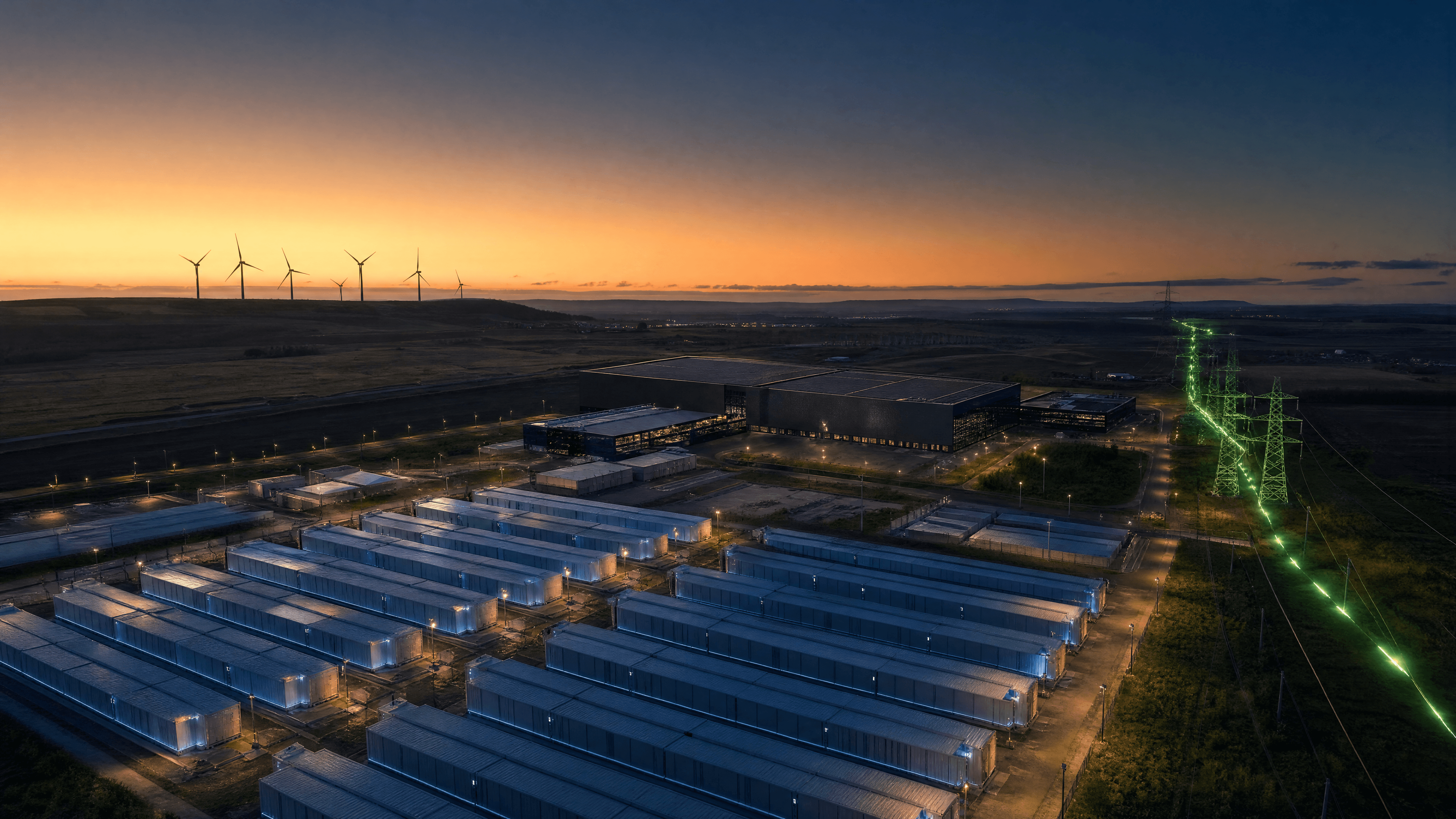 Lausitz-Cluster mit BESS-Park und Datacenter im Blue Hour